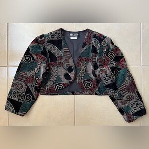VTG Ms Choice Womens 10 Bolero Crop Jacket Black Velvet Metallic Geometric Wave